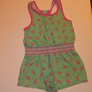 Adorable teal and pink flamingo shorts romper